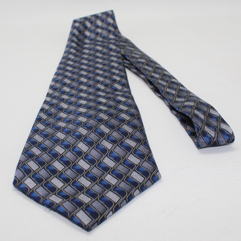Keith Daniels Mens Silk Tie Navy Blue Silver Gold Geometric Rectangle W526 4in